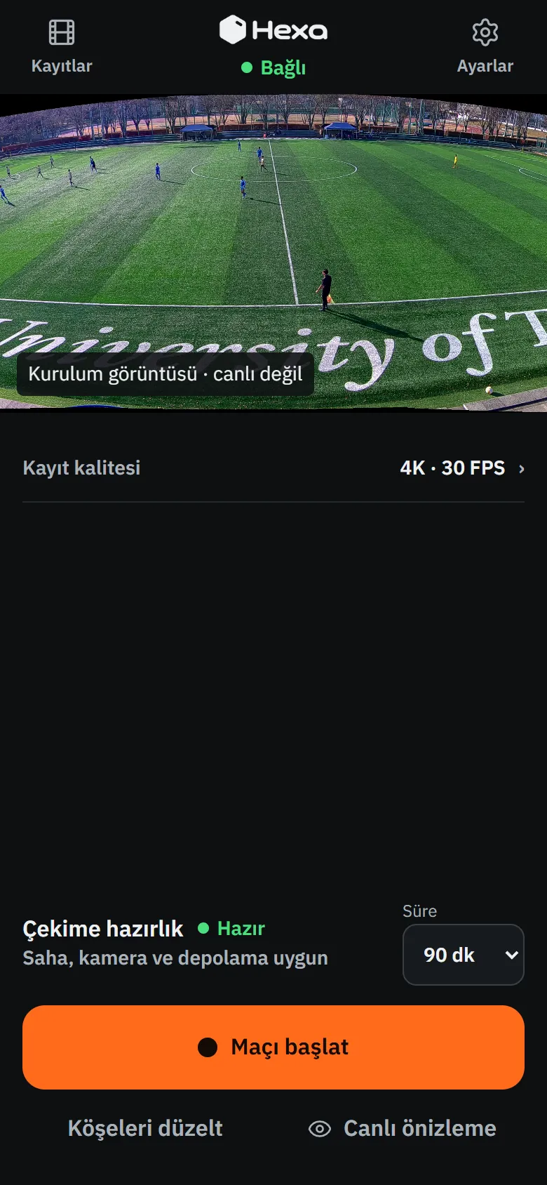 Hexa app: camera connected, pitch recognized, ready to record